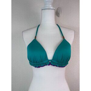 A. Che women's‎ medium teal green purple ruffle triangle halter tie bikini top